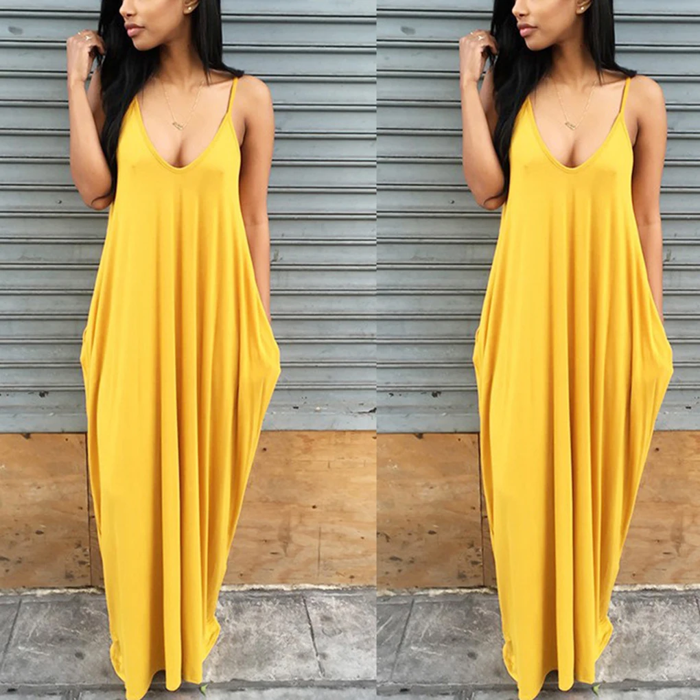 

FangNymph Beach Long Dress Irregularity Boho Deep V-neck Sleeveless Baggy Maxiskit Sexy Sundress Pocket Evening Party Cocktail