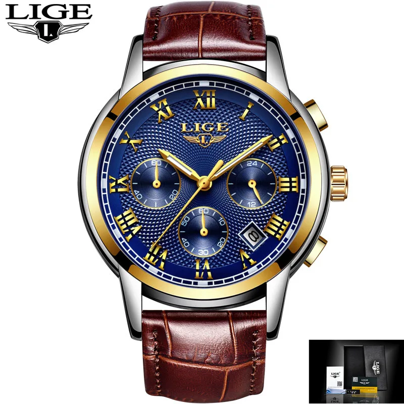 Новые часы Мужские люксовый бренд LIGE Хронограф Мужские спортивные часы водонепроницаемые полностью Стальные кварцевые мужские часы Relogio Masculino - Цвет: leather gold blue