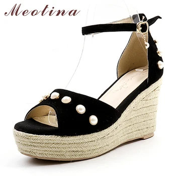 

Meotina Women Sandals Ankle Strap Shoes Platform Wedge Heels Party Shoes Fashion Pearl Ladies Sandals Female Summer Pink Size 39
