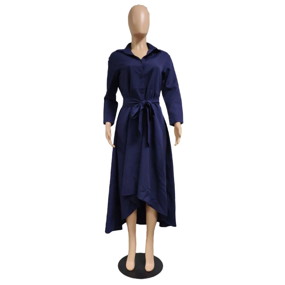 Элегантное асимметричное длинное платье-рубашка, женское Повседневное платье-рубашка с отложным воротником на шнуровке, Бандажное платье с длинным рукавом, офисное женское платье-рубашка