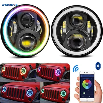 

For Jeep Wrangler LED Headlight White RGB DRL Halo Headlights with Bluetooth App Remote RGB Angel Eyes Projector Headlamp