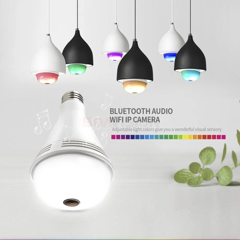 Bluetooth Музыка 960P светильник Светодиодный лампа 3D VR IP камера Wi Fi ночное видение