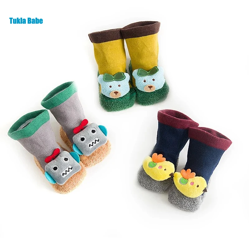 

New 2019 autumn and winter cartoon children's socks baby child feather yarn stitching doll kids flower animal socks
