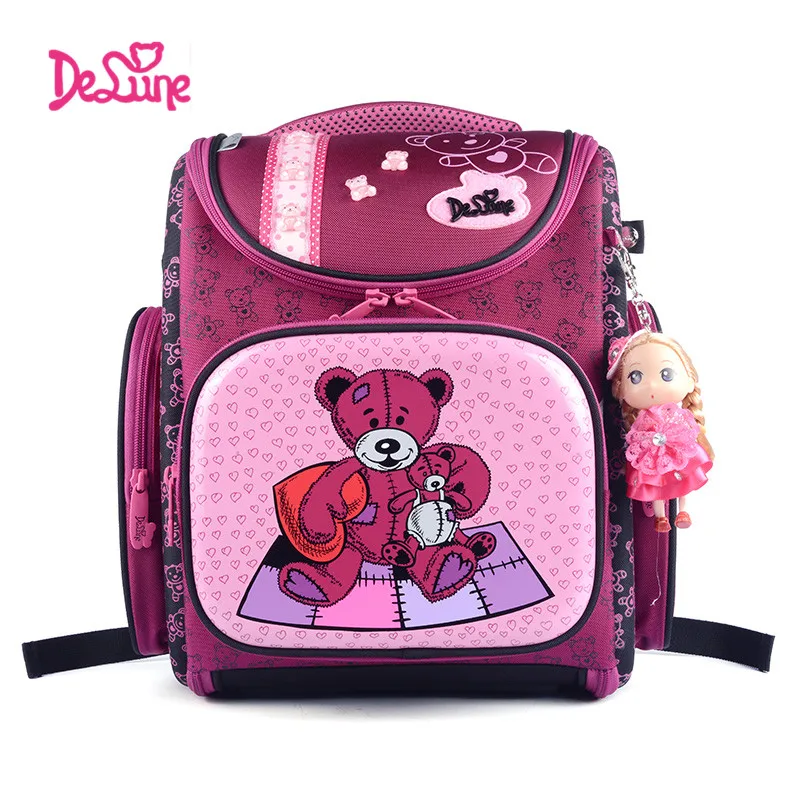 

Delune Russian Orthopedic Children Primary School Backpack Bag for Girls Grade 1-3 Cute Cartoon Bear cat dog print soft Mochila
