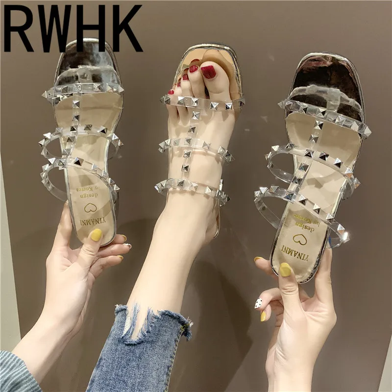 

RWHK 2019 summer new rivet transparent word with slippers women wear wild thick with high heel slippers B165