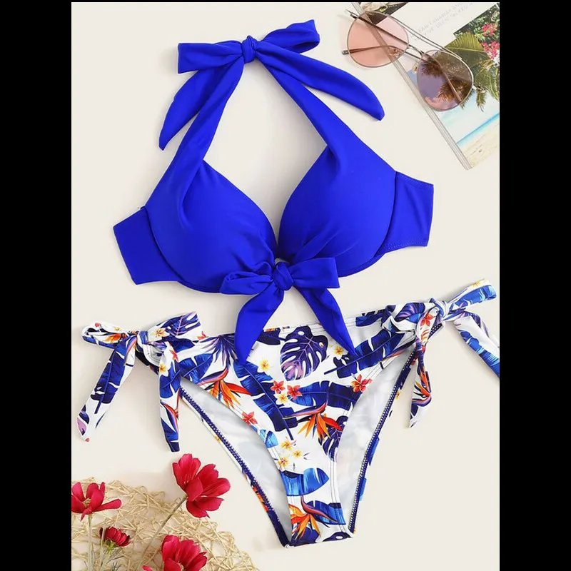 Летний бикини женский сексуальный пуш-ап бюстгальтер Бандаж бикини набор Холтер с завязкой в виде банта купальник купальный костюм треугольник синий