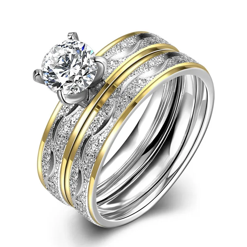 

Woman fashion jewelry 316L stainless steel double ring with zircon top quality engagement gift Europe Hot R063