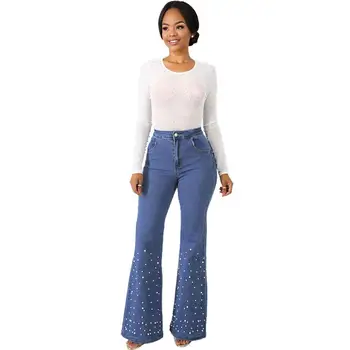 

Women Vintage High Waisted Flare Jeans With Beads Pearls Jeans Long Mom Jeans For Women Casual Loose Wide Leg Denim Pants Fashio