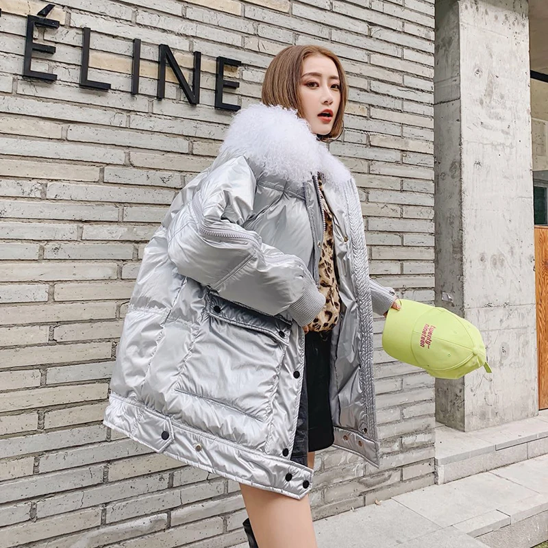 Beste Ftlzz Vrouwen Donsjack Winter Witte Eendendons Jassen Sliver Parka Echte Wol Kraag Jassen Vrouwelijke Glossy Waterdichte Jas