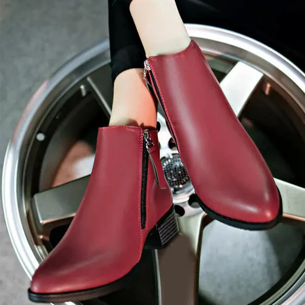 

Thick Warm Middle Zipper Pointed Toe Footwear Women Ankle Boots Spring Autumn Synthetic PU Wedge Heel Solid Casual