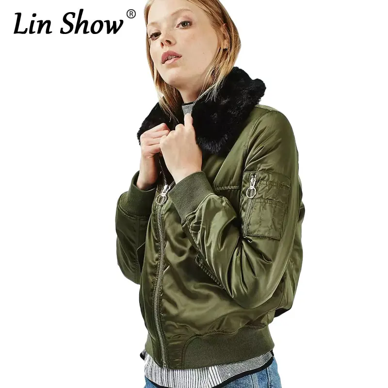 LINSHOW Fur Collar Army Green Women Bomber Jackets Military Zipper