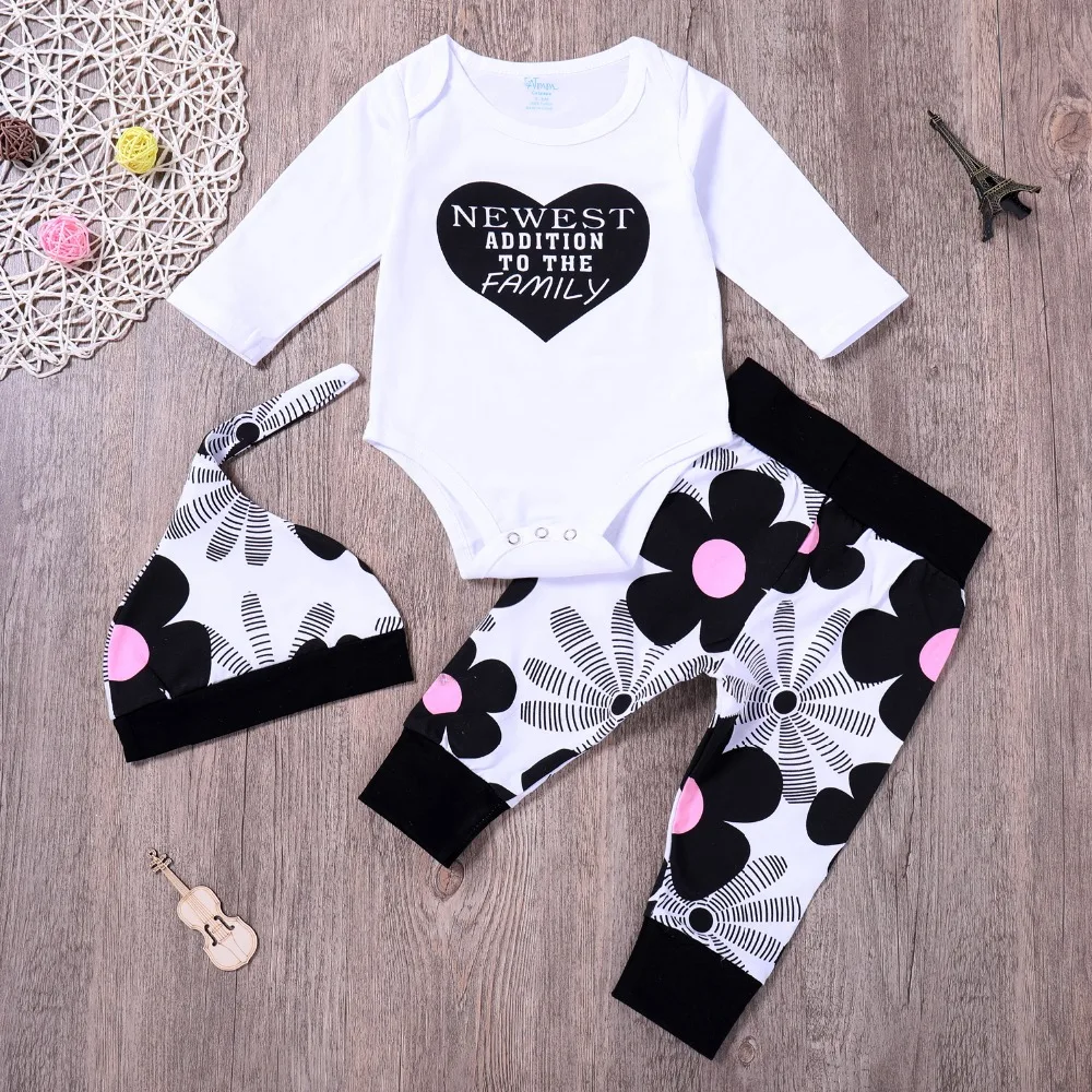 3 Pieces Sets Newborn Baby girl clothing Love Heart Pattern Bodysuits+Pants+Hat Newest Addition To The Family Baby Girls Outfit