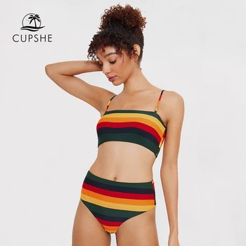 

CUPSHE Black And Yellow Stripe Reversible Bikini Sets Women Sexy Bandeau Two Pieces Swimsuits 2020 Girl Beach Bathing Suits
