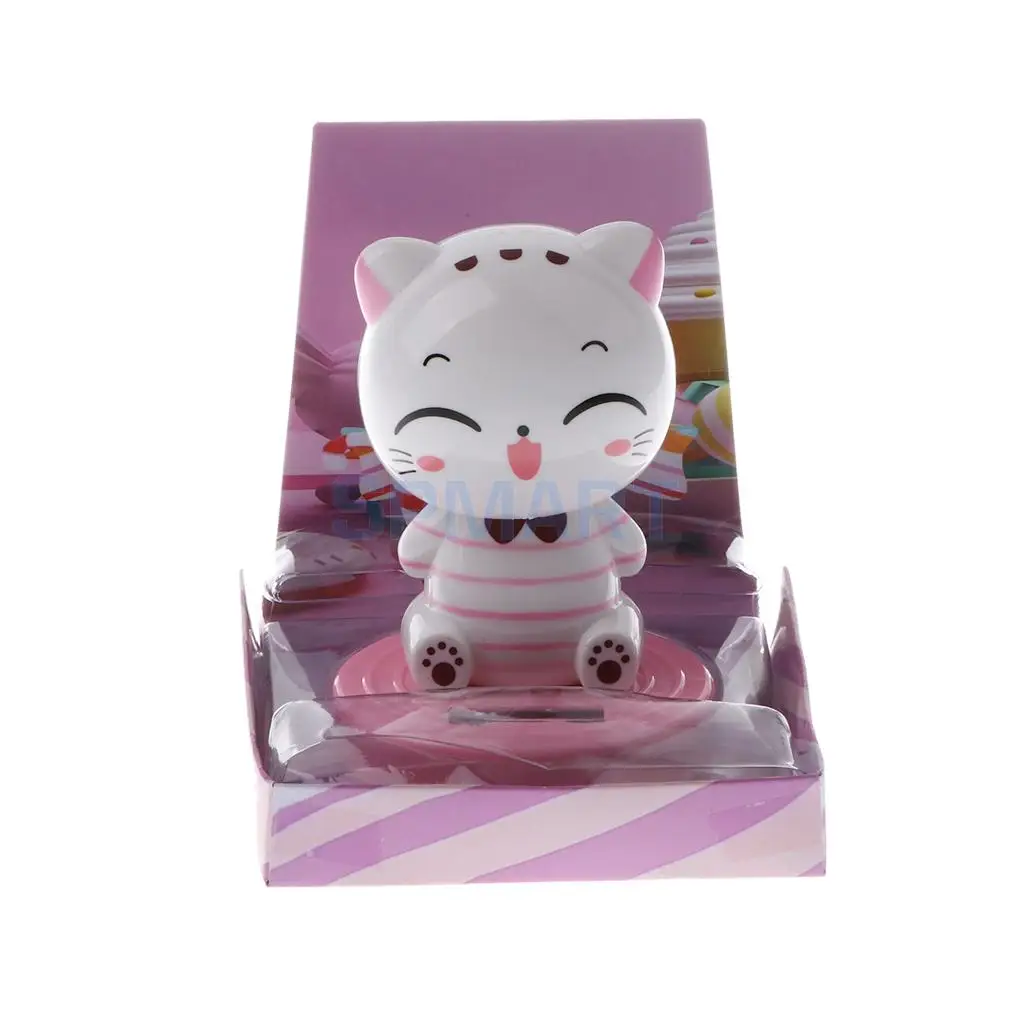 Kids Solar Powered Nodding Head Cat Kitten Animal Swinging Toy Car Home Ornament Decor Kids Xmas Gifts Gag Prank Toys White