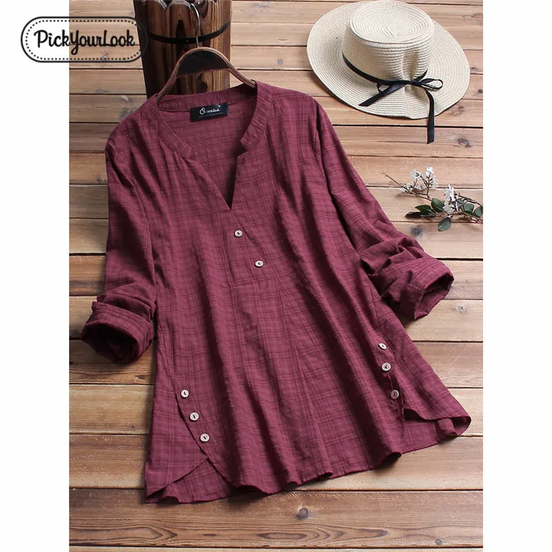 

Plus Size Blouses Shirt For Women Long Sleeve Solid Button V Neck Female Tops Blouses Casual Plaid Large Size Lady Shirt Chemise