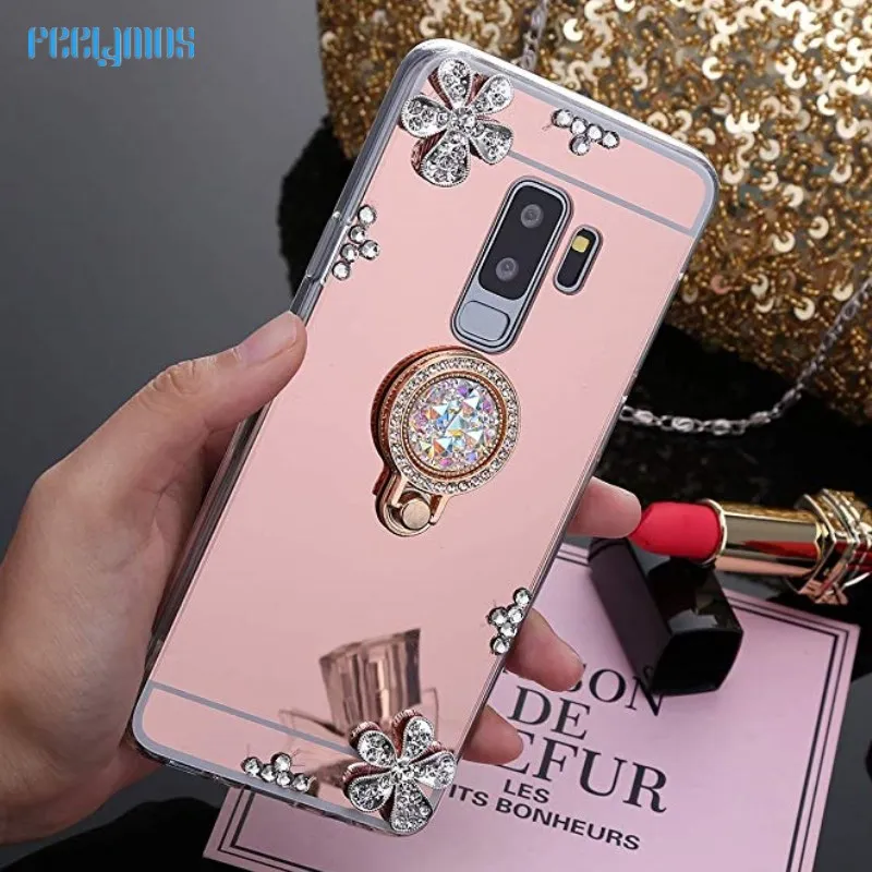 For Samsung Galaxy S9 Case Crystal diamond Flowers Glitter Bling Mirror Ring Stand Holder Plus Cover |