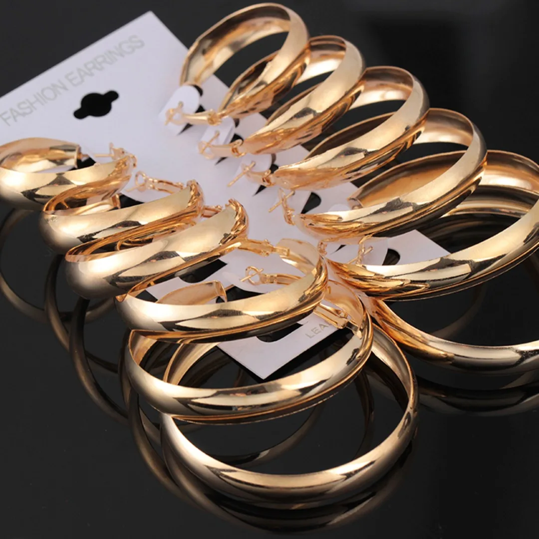New 6 Pairs/set Vintage Dangle Big Circle Hoop Earrings Gold Silver Women Steampunk Ear Clip Shellhard Punk Ear Set Jewelry
