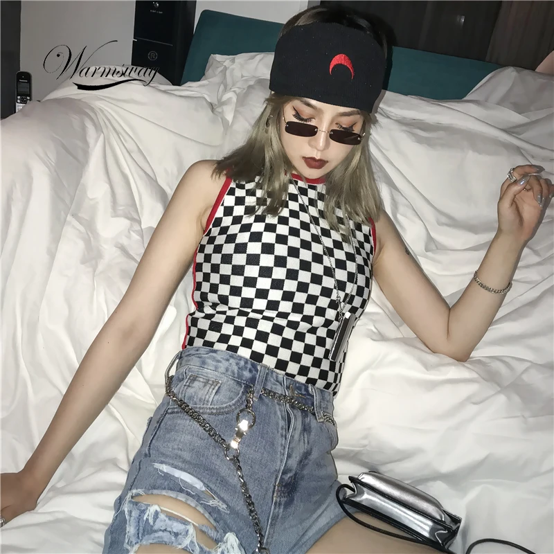 WARMSWAY Stretchy Knitted Checkerboard Tank  Camisole Feminina Fitness Streetwear Bodycon Slim Crop Top Fashion Summer   B-150