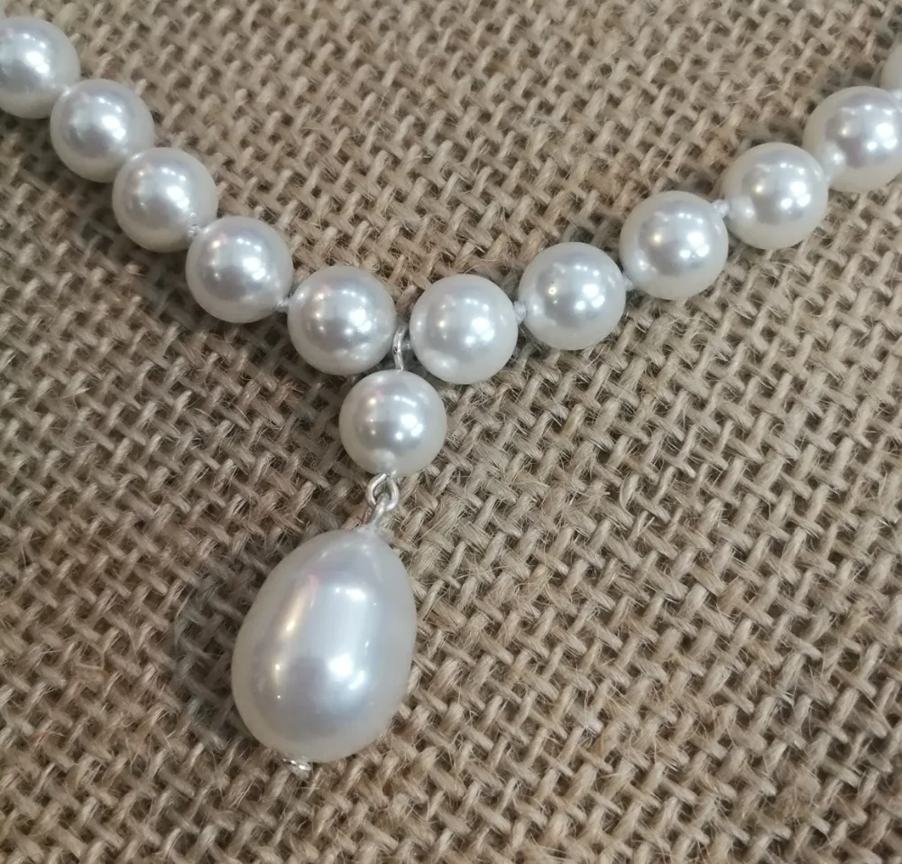 Woman jewelry necklace 8mm round bead Bright white Natural SOUTH SEA SHELL PEARL 12mm pendant NECKLACE 18” 45cm