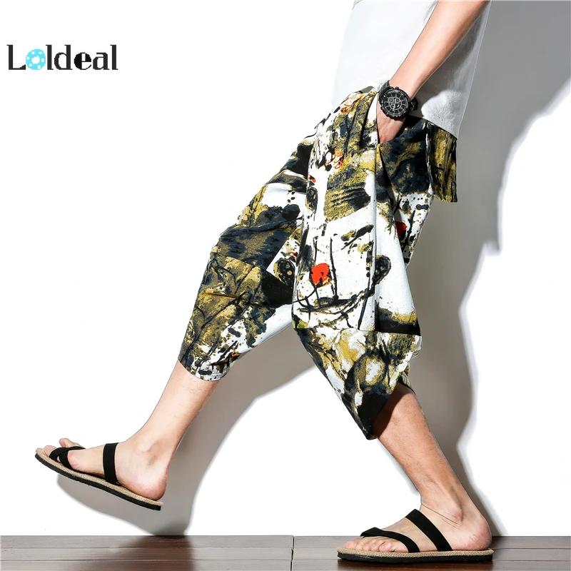 

LOLDEAL Linen Chinese Print Shorts Ethnic Loose Linen Floral Shorts Men's Short Trousers