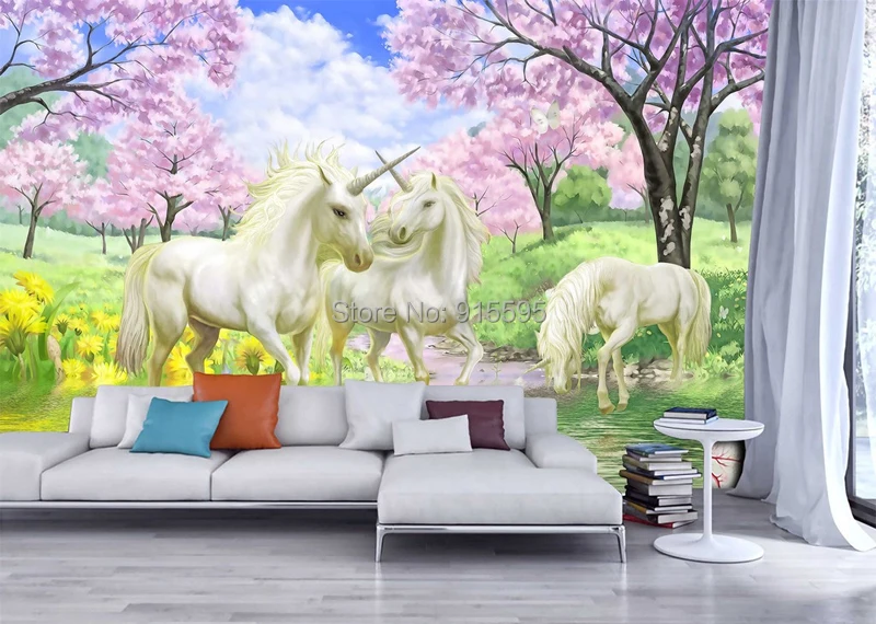 Пользовательские 3D Настенные обои Единорог мечта вишневый цвет ТВ фон настенные картины для детской комнаты спальни гостиной обои
