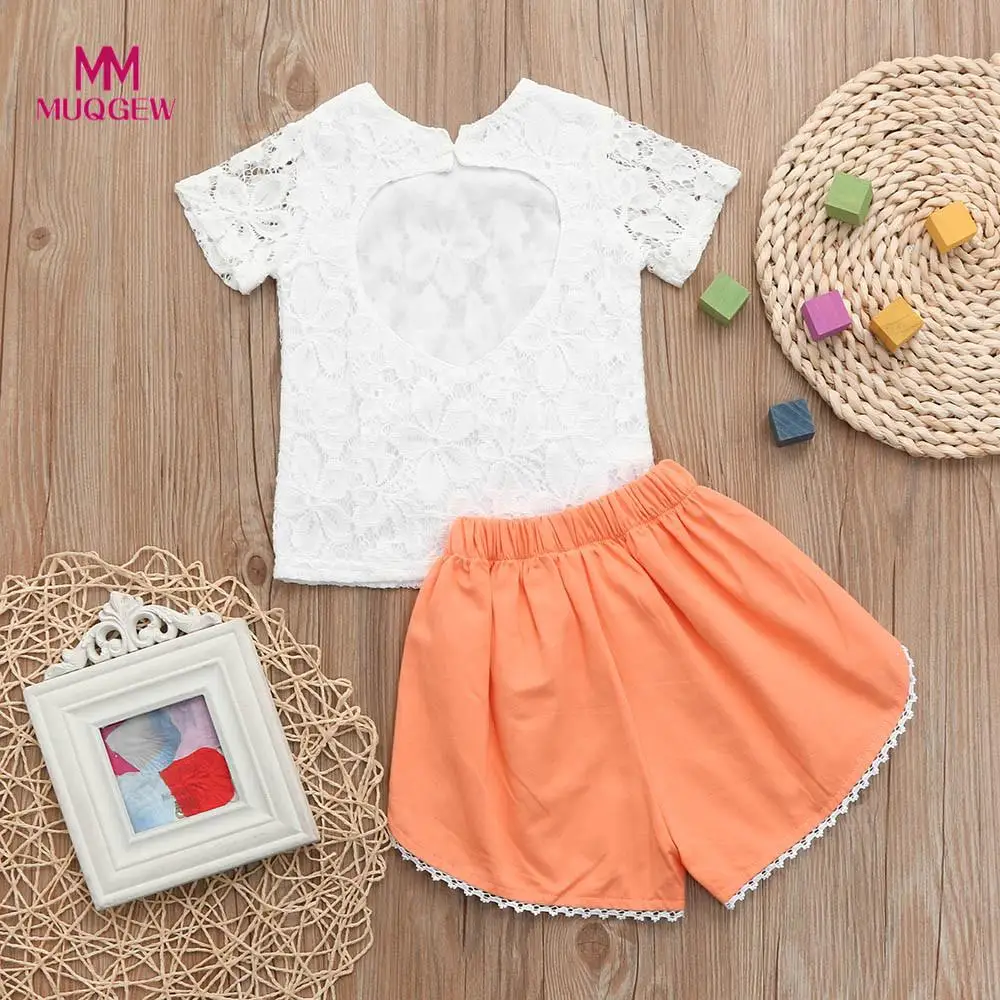 

2Pcs Toddler Infant Baby Girls Solid Floral Lace Tops Bowknot Shorts Outfits newest style hot sale Set menina de roupas infantis