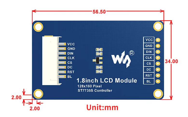 Waveshare 1,8 дюймовый модуль ЖК-дисплея, 128x160 пикселей, SPI интерфейс, светодиодный подсветка, встроенный контроллер, Цвет дисплея: RGB, 65K