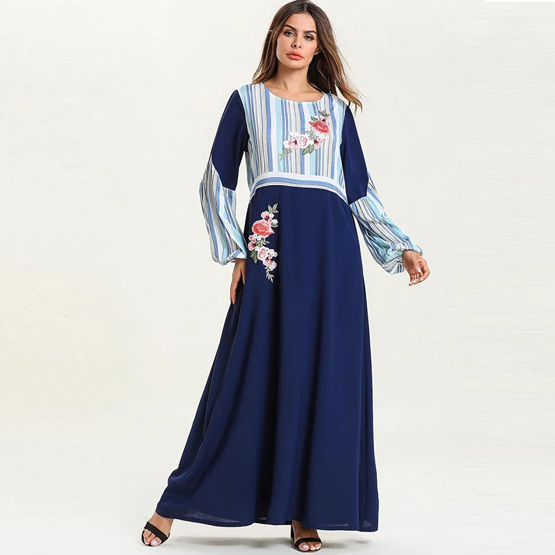 

Middle Eastern Muslim fashion women's dress summer dress Afghani hit color striped multi-color stitching long-sleeved thin dress