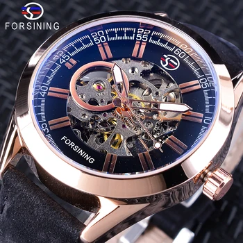 

Forsining Rose Golden Mechanical Watches for Men Black Genuine Leather Band Skeleton Watches Men Fashion Clock Top Brand Luxury