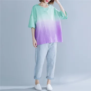 

Johnature New 2020 Summer Fashion Gradual Change Casual Loose T-shirts O-neck Half Sleeve Korean Simple Women Tops