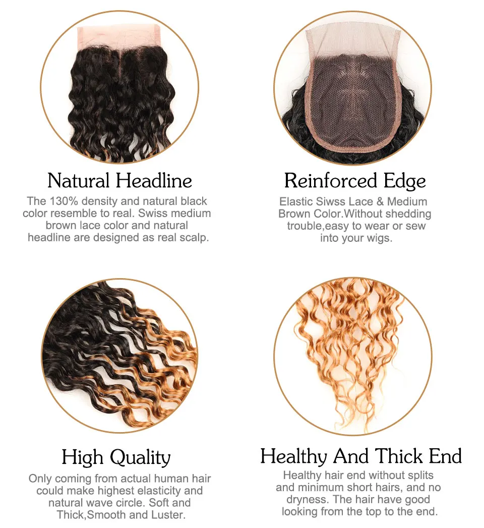 Pinshair Ombre Brazilian Water Wave Hair 1B 27 3 Bundles With Closure Ombre Wet Wavy Human Hair Extension With Closure Non-remy