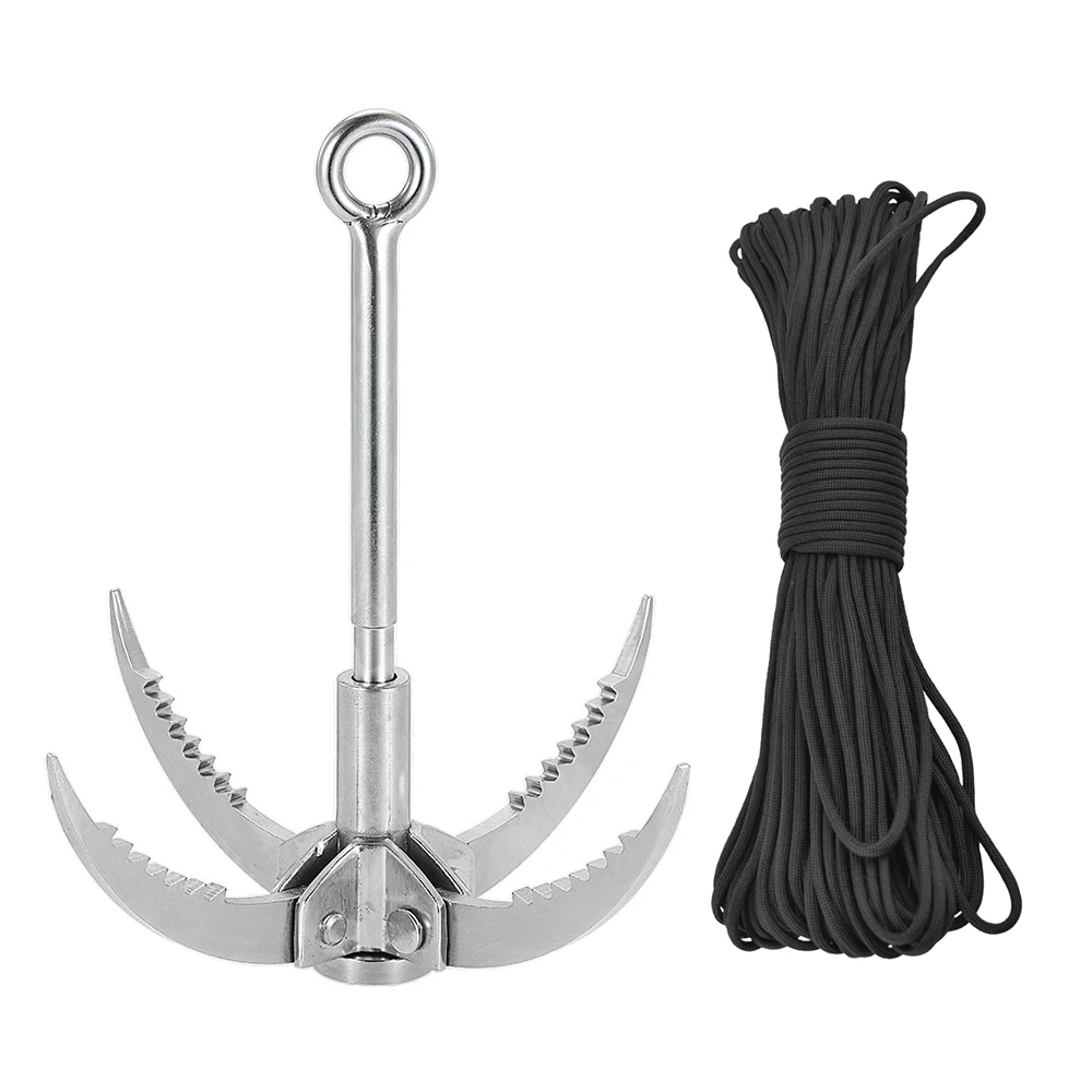 

Outdoor Climbing Grappling Hook Foldable 4 Claws Steel Hook with 100FT Parachute Cord 9 Strand Camping Guyline