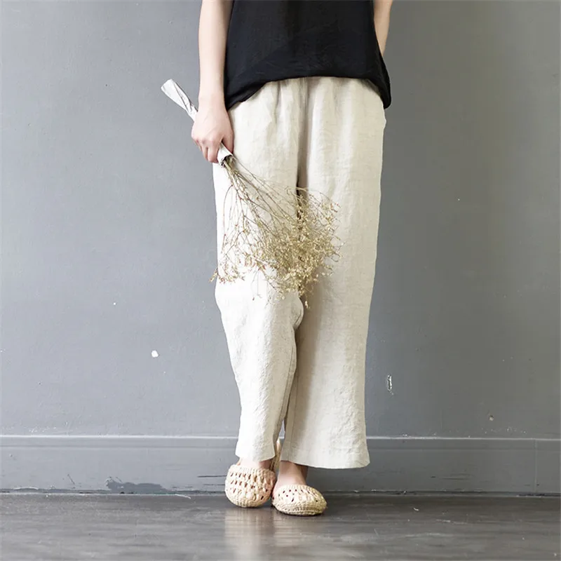 

SCUWLINEN 2019 Women Harem Pants Elastic Waist All-match Split Loose Casual Linen Ankle-length Wide Leg Trousers for Women S368