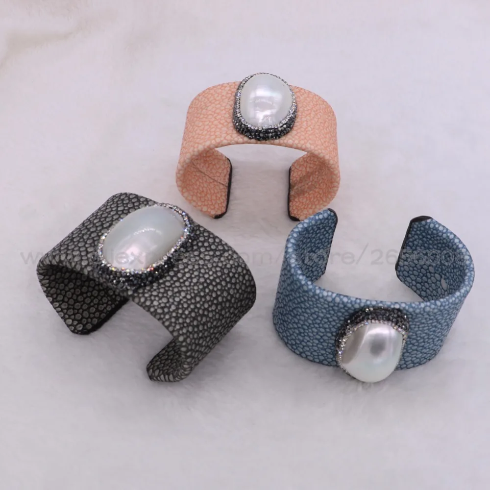 High quality PU leather bangle bracelet Big Cuff Bracelet Pave Shell