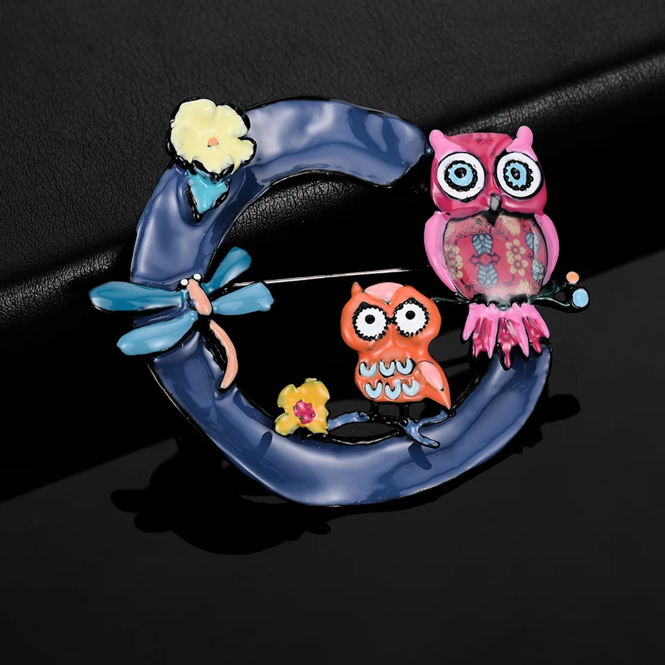 Fashion Large Mother Owl and Son Brooches for Women Cartoon Dragonfly Pins Vintage Jewelry Wholesale Men Boys Alloy Brooch Pin