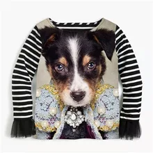 Детская рубашка блузка в полоску с кружевом для девочек топы с длинными рукавами и воротником-рюшами для малышей Детская одежда с принтом собаки от 2 до 10 лет