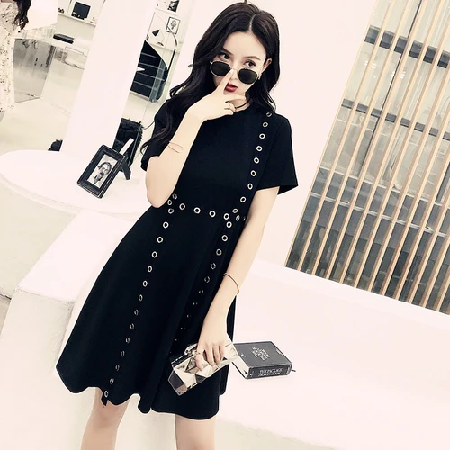 

Chic Black Dress Women Summer 2019 New Arrival Streetwear Fashion Gothic Rivet Short Sleeve High Waist A Line Mini Dress D468