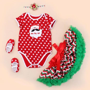 

4PCs per Set Santa Deer Red Polka Dots Baby Girls Christmas Dress Green Petti Tutu Skirt Bowtie Headband Shoes for 0-24months