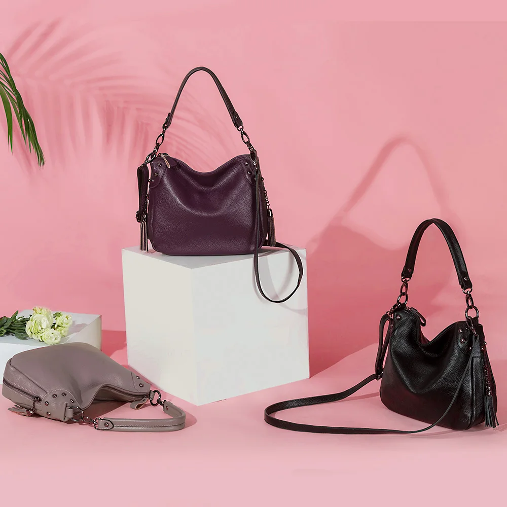 Zency элегантная фиолетовая женская сумка через плечо натуральная кожа Хобо модная дамская сумочка через плечо серая Сумочка с кисточкой черная
