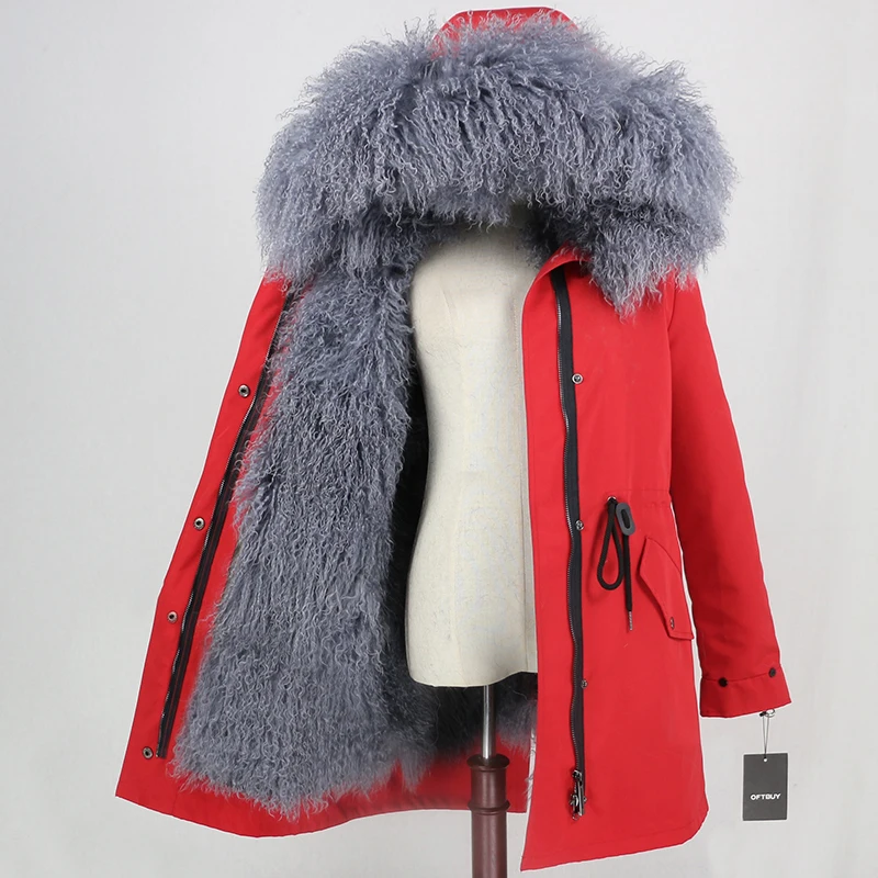 OFTBUY,, настоящая монгольская овечья шерсть, пальто, женская длинная парка, зимняя куртка, съемная, водонепроницаемая, верхняя одежда, роскошный бренд, уличная одежда - Цвет: red grey