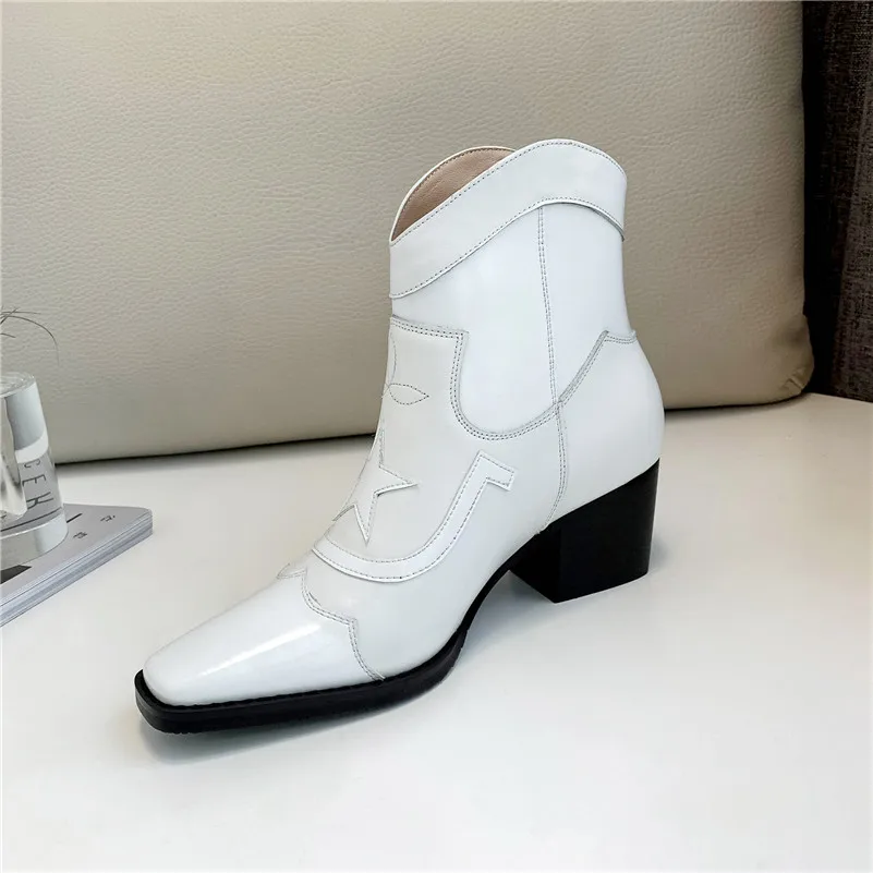 Meotina/осенние ботинки в западном стиле; женские ботильоны из натуральной кожи на высоком квадратном каблуке; обувь с квадратным носком; женская зимняя обувь; размеры 34-39 - Цвет: White Velvet Lining