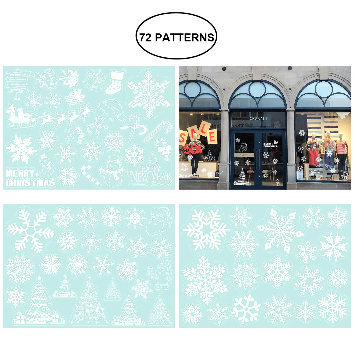 

3 Sheets 72 Patterns Christmas Snowflakes Candy Cane Snowman Decor PVC Wall Window Door Mural Decal Sticker for Cafe Dress Shop