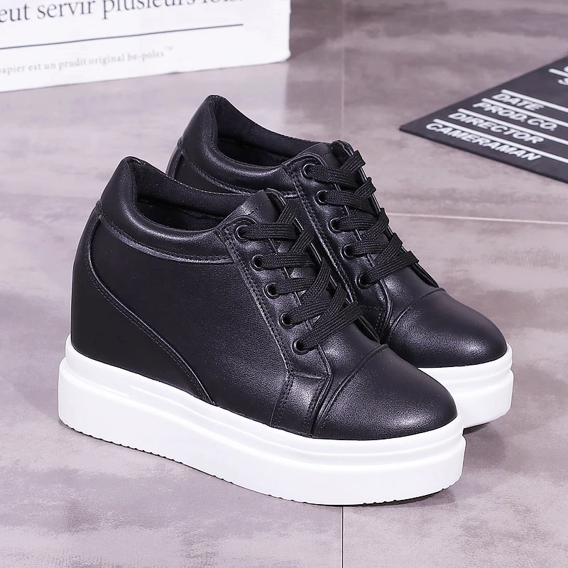 10cm Increase Flat Platform Shoes Female Thick Sole Students Casual Shoes Woman Flats Lace Up Solid White Black Women Shoes