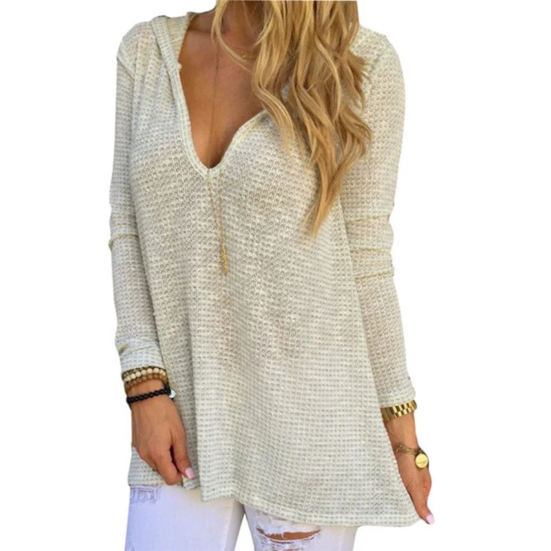 

T Shirt Women Deep V-neck Hooded Leisure Comfortable Knitted T-shirt women's Clothing Vestidos LBD653