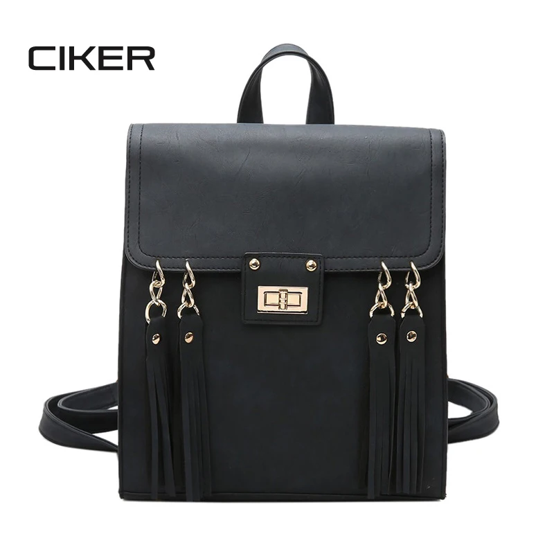 CIKER Fashion 2017 New Tassel Women Backpack Black PU Leather Backpack Women Backpacks For Teenage Girls
