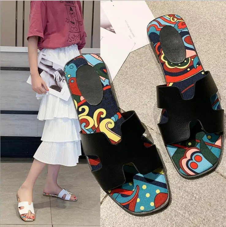 

2019 new mesh infrared wear versatile flat bottom print ins trend flip-flops beach sandals