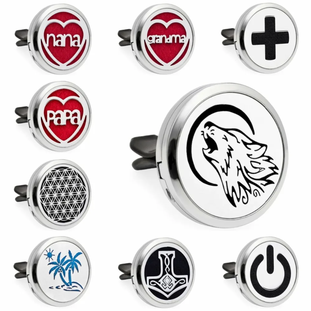 

30mm Car Diffuser Vent Clip Locket Coconut Tree Wolf Magnetic Essential Oil Aromatherapy Perfume Locket With 10pcs Pads Gifts