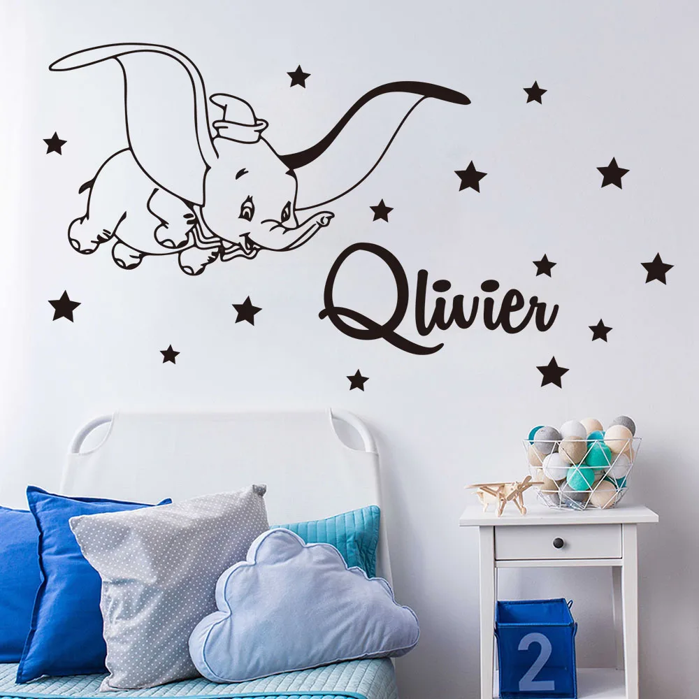 Cartoon Custom Name Dumbo Star Wall Decal Kids Room Bedroom Personalized Name Dumbo Animal Wall Sticker Nursery Vinyl Decor (5)