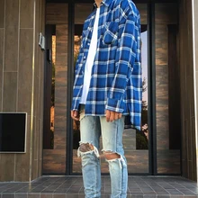 Джастин Бибер большие длинные клетчатые рубашки High Street винтажные свободные спереди короткие сзади длинные хип-хоп решетки многоцветная рубашка