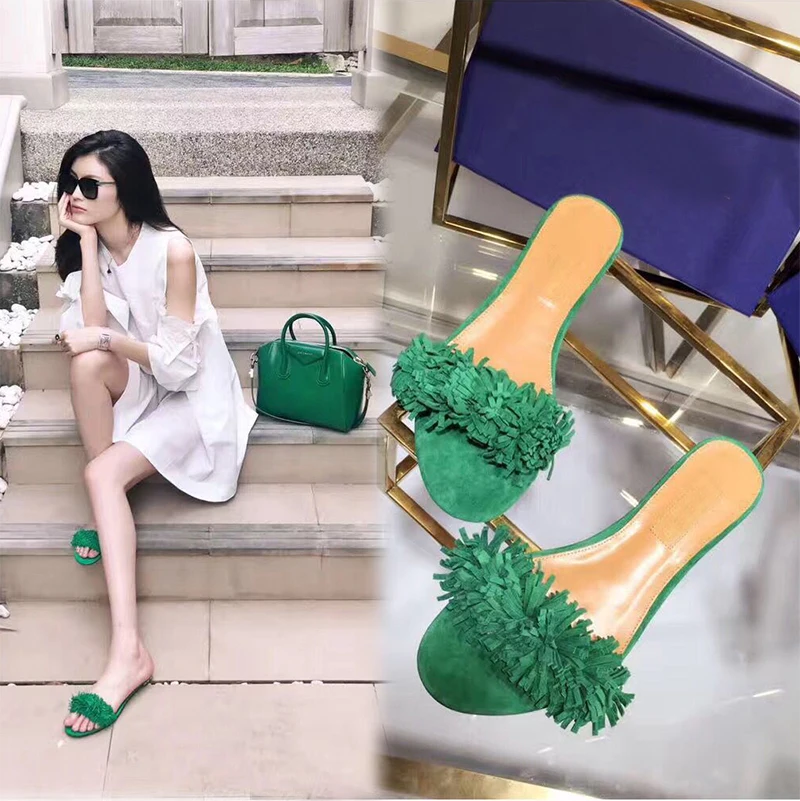 

2017 New Spring Summer Shoes Woman Basic Outside Fringe Slippers Designer Tide Suede Flat Slippers Woman Slippers Woman Shoes